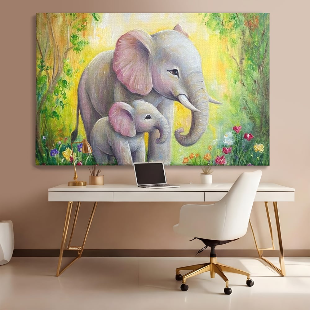 Tablou canvas cu pictura cu doi elefanti intr-o gradina, fara rama, pe sasiu de lemn, pe perete intr-un birou